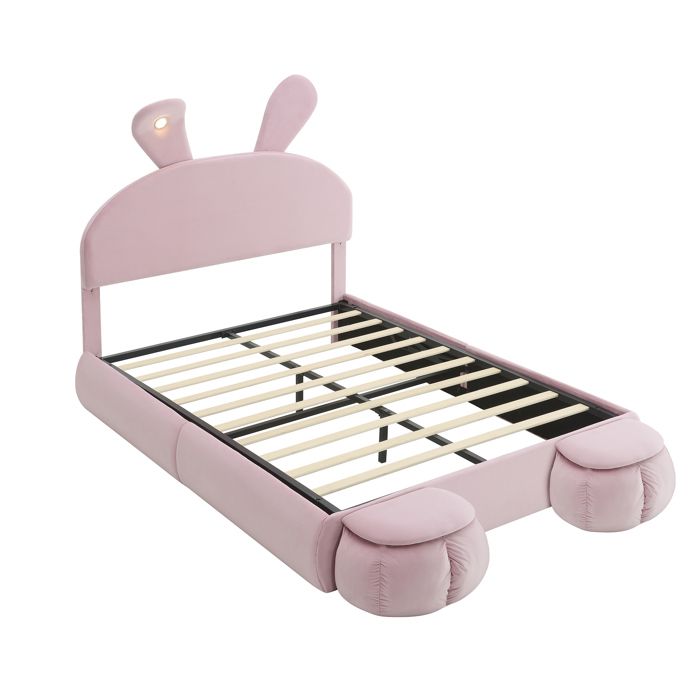 Lit coffre 140x200 cm en velours rose tête lapin avec LED réglable 2 tabourets de rangement sans matelas