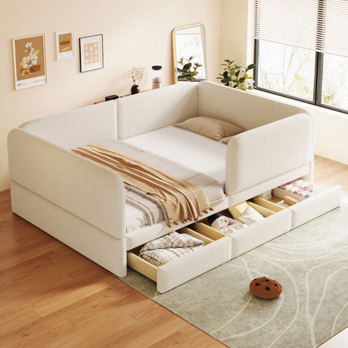Piaenon - Lit capitonné 140x200 cm Lit enfant Lit double avec 3 tiroirs bords rembourrés et coins arrondis - Velours - Beige