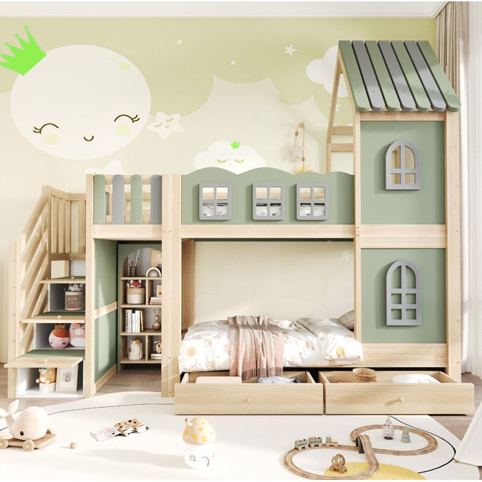 Lit Superposé Enfant 90x200 cm en Bois avec Toit Fenêtres Escalier de Rangement Étagères et Tiroirs - Vert