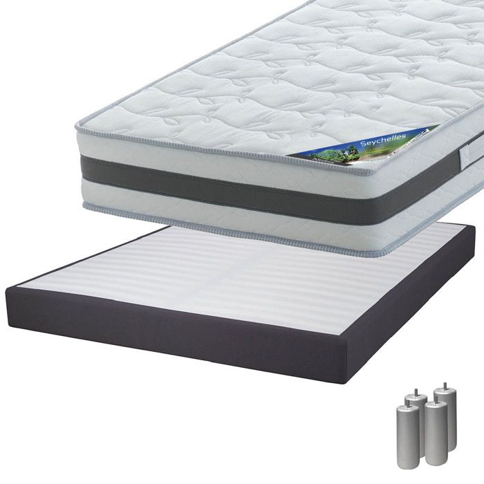 Seychelles - Pack Matelas 160x200 + Sommier Tapissier Démontable 2x20 Lattes Anthracites + Pieds Argent 15cm