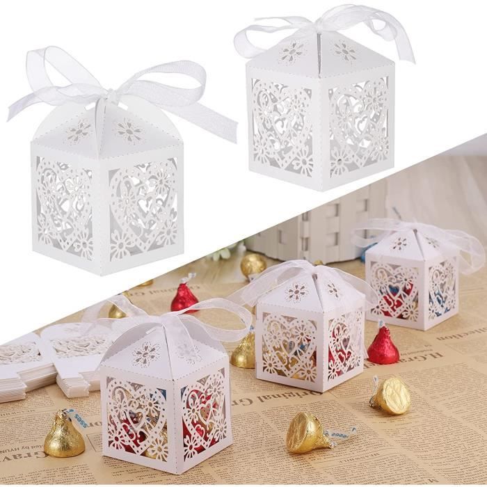 50 Boîtes à Dragées Mariage FENTAR 5x5x7cm - Découpe Laser, Motif Cœur, Pour Baptême, Anniversaire