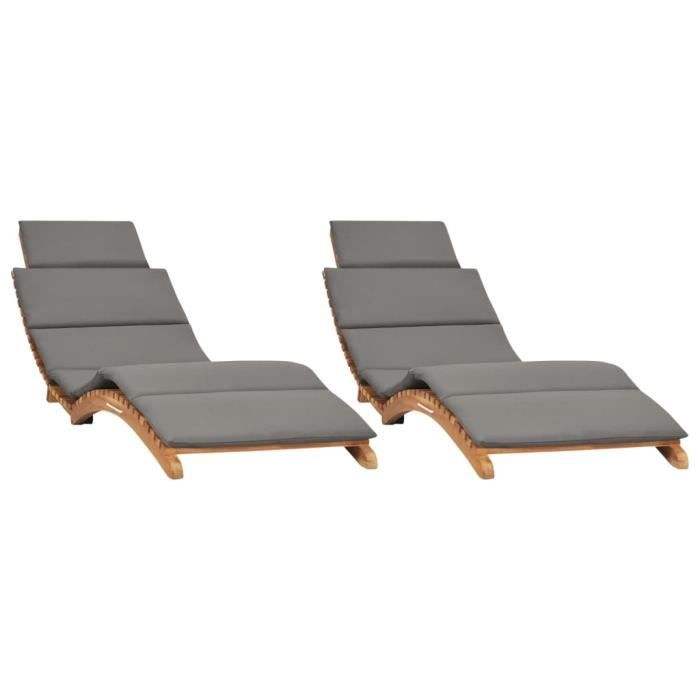 lot de 2 transats chaise longue bain de soleil lit de jardin terrasse meuble d exterieur avec coussins bois massif de te
