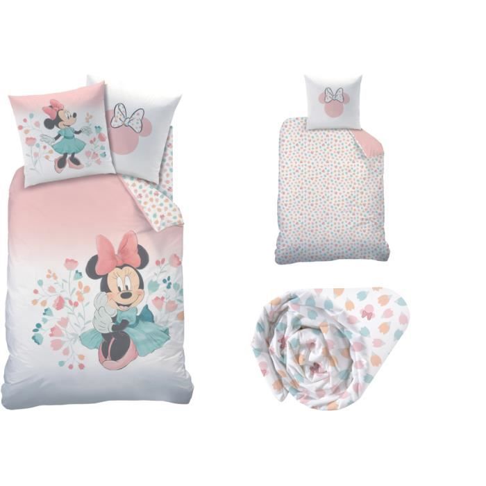 MINNIE DISNEY - Pack 4 pièces parure de lit housse de couette + taie  d'oreiller + drap housse + un sac à pyjama Fleur - Cdiscount Maison