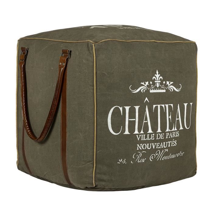 pouf carré siège cube 45 cm toile/cuir véritable olive/marron rembourrage de coton design oakland womo-design
