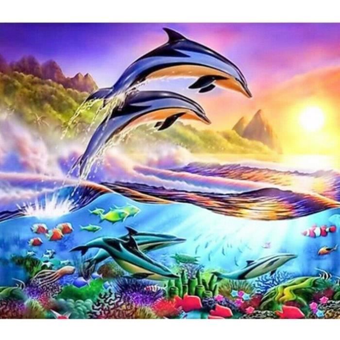 Diy Broderie Diamant Kit Complet Dauphin, 5D Diamond Painting Complet Animal Rond Point De Croix