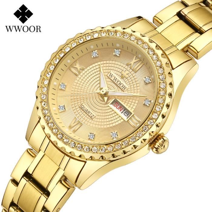 wwoor femmes diamant montres de luxe robe de mode montre en or date quartz femmes élégantes bracelet montre - boîte