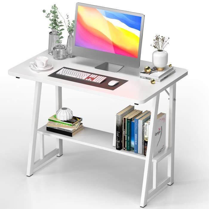 LDSZXNE Bureau informatique en Bois Table Plan de travail avec une étagères  cadre métal avec rangement Blanc 80x 50 x73 cm - Cdiscount Maison