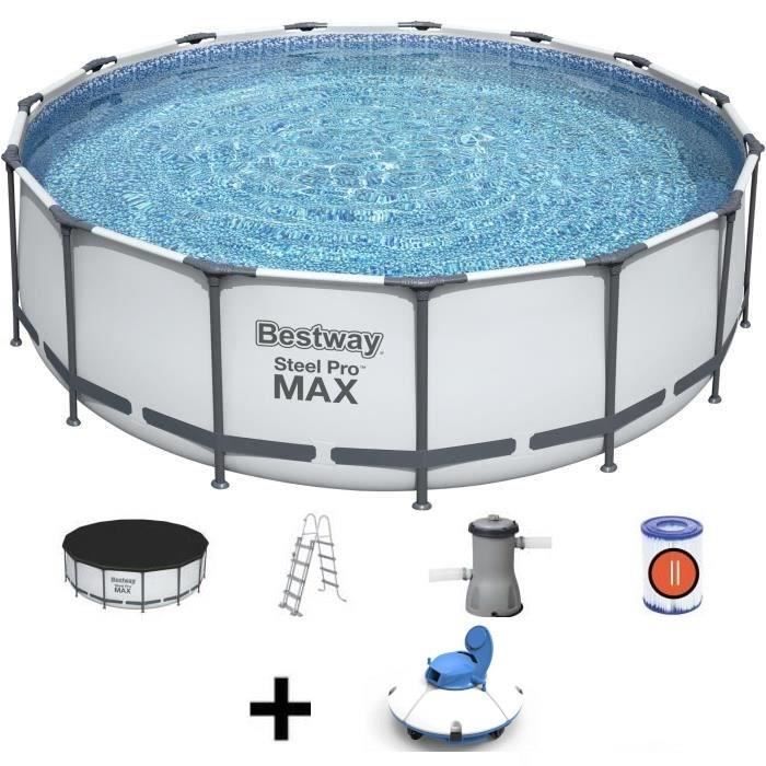 Kit Piscine hors sol tubulaire BESTWAY Steel Pro Max - 457 x 122 cm - Ronde + Robot aspirateur Frisb