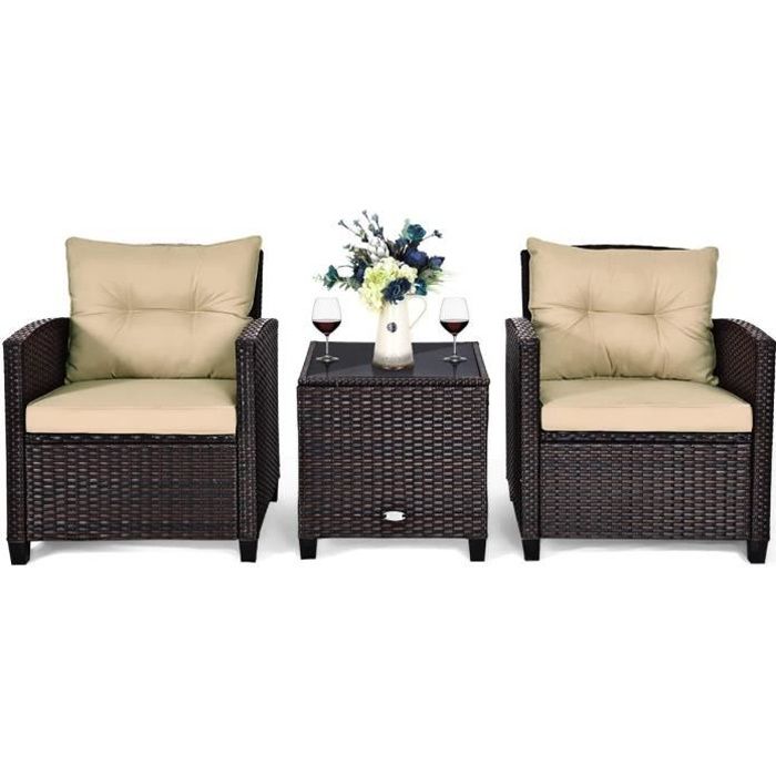 COSTWAY Salon de Jardin en Rotin - 3 Pièces - Charge 180KG - 2 Fauteuils et Table Basse avec Plateau en Verre Trempé Marron+Beige COSTWAY Salon de Jardin en Rotin - 3 Pièces - Charge 180KG - 2 Fauteuils et Table Basse avec Plateau en Verre Trempé Marron+Beige