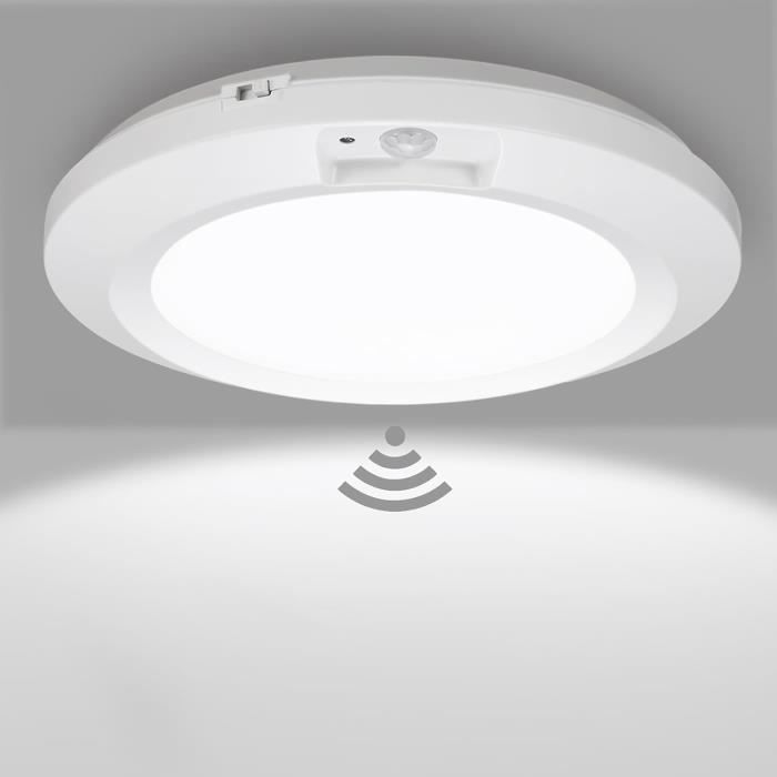 Plafonnier LED Detecteur de Mouvement Rechargeable, ø19cm Luminaire Plafonnier Sans Fil avec Télécommande, 3 Températures de Couleur Dimmable Lampe de Plafond pour Salle de Bain, Couloir, Escalier