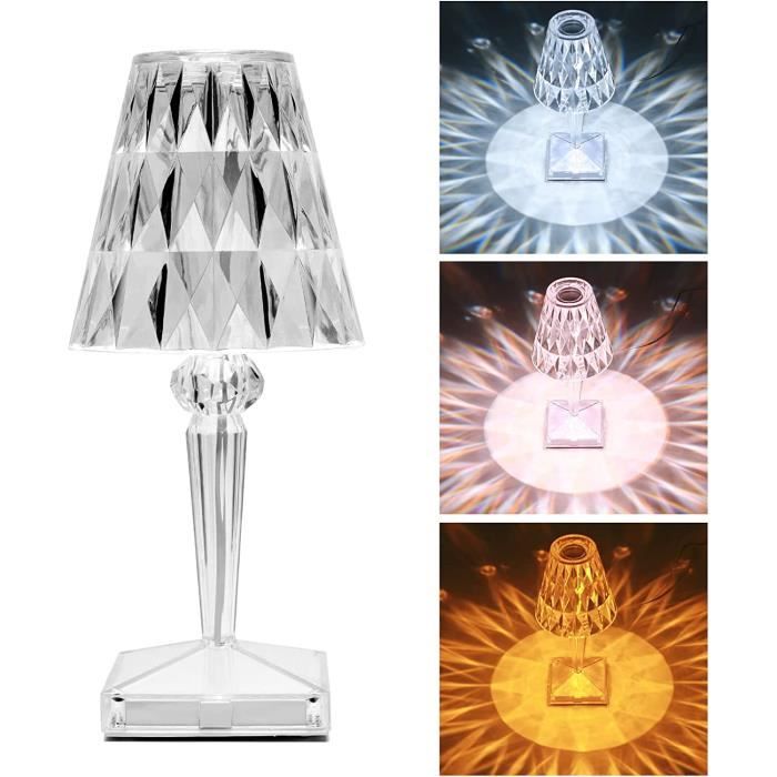 Lampe de chevet en cristal 3 couleurs Lampe de table Diamond avec commande tactile pour chambre, salon, chambre d'amis et bureau