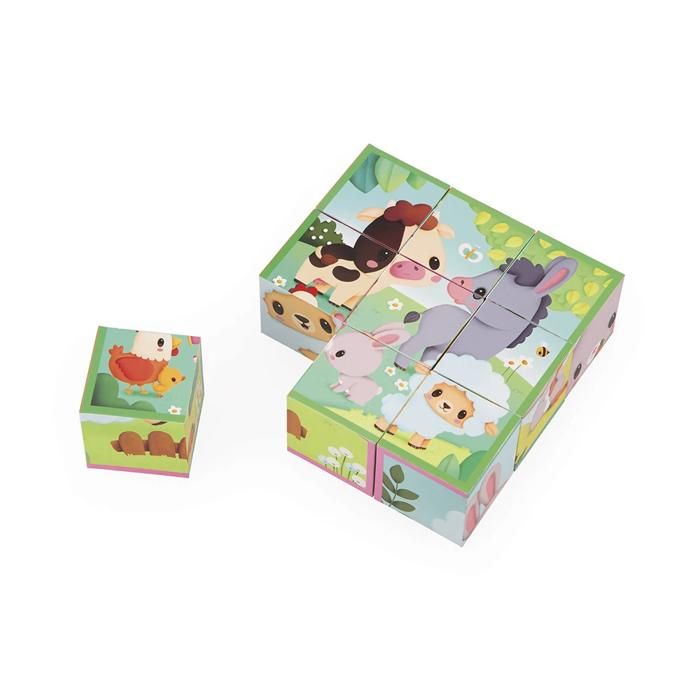 Puzzle Cubes en Carton - Thème Ferme - 9 Cubes et 6 Puzzles Possibles - Jouet dEveil et Premier Age - Peinture à lEau - Dès 2 ans