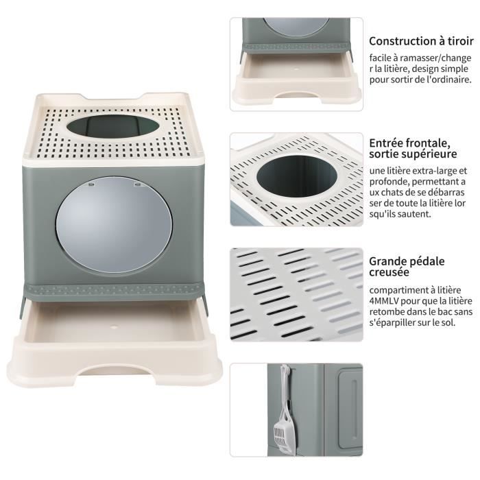 Comparer les prix de Bac à litière - Maison de toilette - Gris - 48x39x34 cm - Avec couvercle et spatule