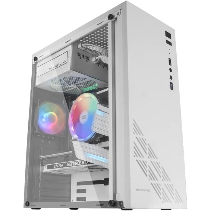 Boîtier de Jeu ATX - Mars Gaming - MC100 Blanc - Ventilateur FRGB 9cm - Ventilation Convect-Cool - Éclairage RVB
