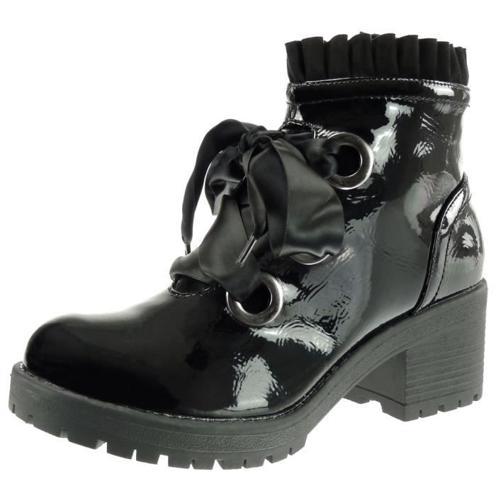 Angkorly - Chaussure Mode Bottine plateforme rangers Femme Lacet ruban satin  frange verni Talon haut bloc 6 CM - Noir verni - A-765 Noir verni -  Cdiscount