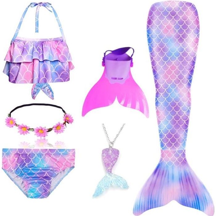 6PCS Ariel Deguisement Sirène Fille Queue de Sirène Enfant avec Monopalme  Petite Sirene Fille Maillot de Bain