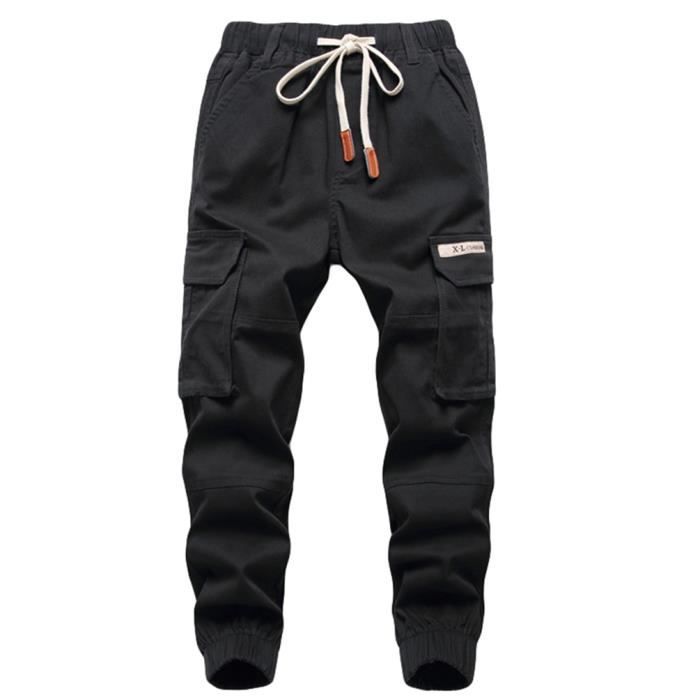 Pantalon Cargo Jogger Garçon - Multi-poches, Tissu Coton, Style Hip Hop Décontracté, Tailles 7 à 14 Ans