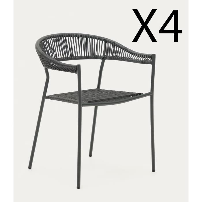 lot de 4 chaises de jardin en corde synthétique et acier peint gris - longueur 57 x profondeur 54 x hauteur 76 cm