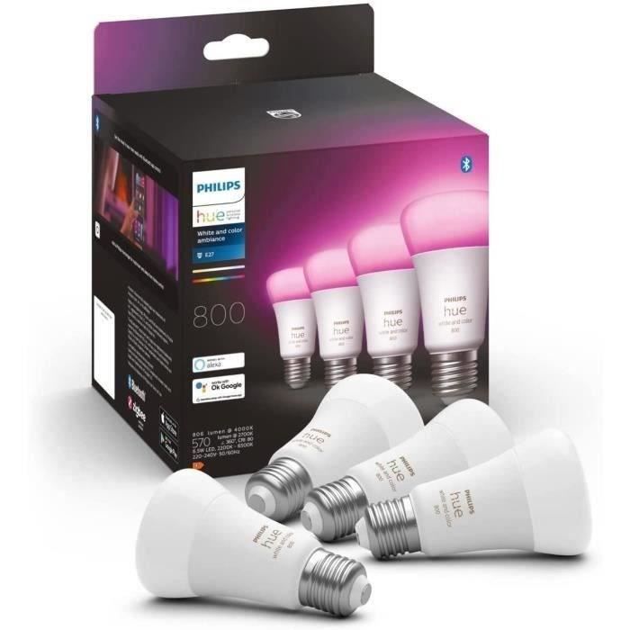 Philips Hue White & Color Ambiance, ampoule LED connectée E27, équivalent 60W, 800 lumen, Pack de 4,