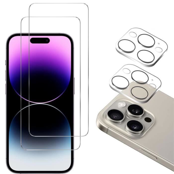 Bihizei Verre Trempé Pour IPhone 15 Pro Max, [2 Pièces] Arrière Verre Trempé+[2 Pièces] Caméra Arrière Protecteur, Dureté 9H-sans Bulles