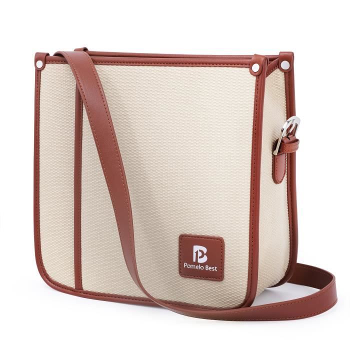 Pomelo Best - Sac à Main Femme Sac à Bandoulière Fille en Toile épaissie + PU Sac Cabas Grande Capacité Beige pour Voyage Shopping