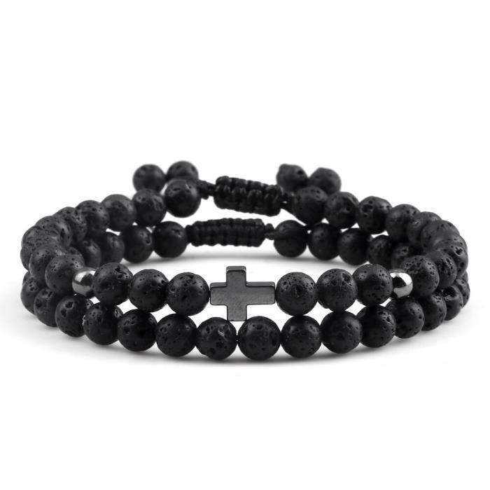 Bracelet En Pierre De Lave Noire Avec Tête De Jaguar - Bijou Bien-être Mixte - Neuf Avec étiquettes