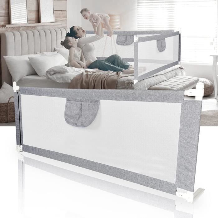 Barrière De Lit Bébé 140cm - Hauteur Réglable - Gris - Sécurité Anti-chute