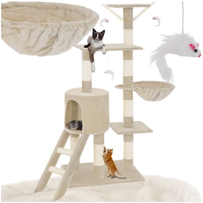 Arbre à chat - TECTAKE - Arbre à chat DOMINIQUE avec griffoir plateforme descalade hamac et 3 souris 142 x 49 x 35 cm - Beige