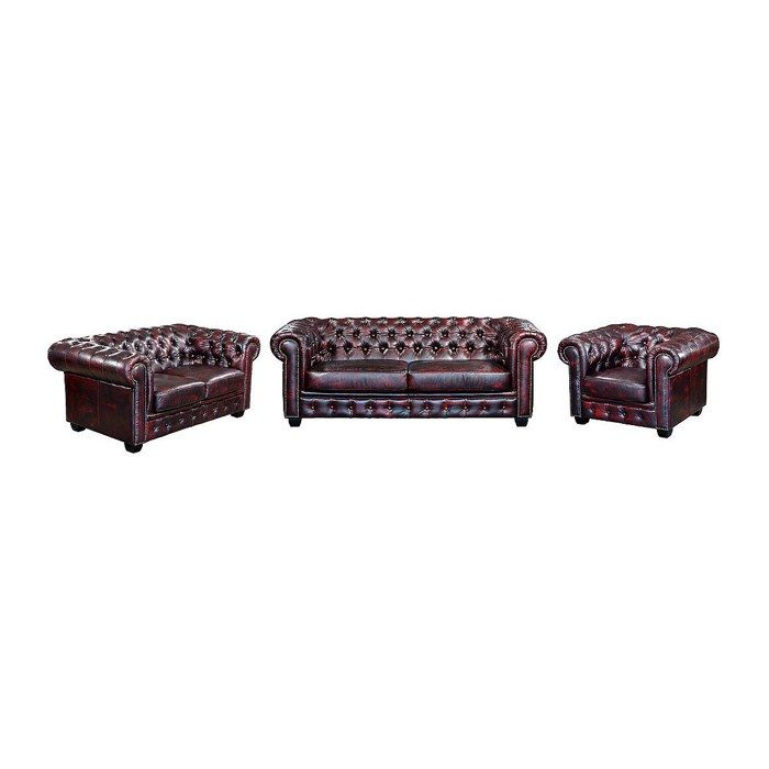 Canapés chesterfield 3 places 2 places et un fauteuil BRENTON 100% cuir de buffle - Bordeaux