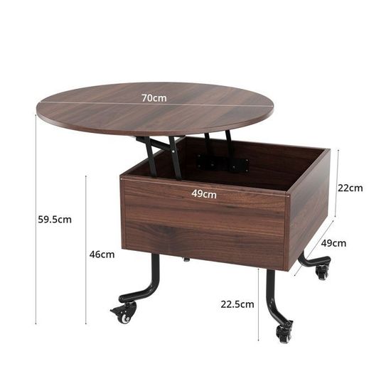 Table Basse Ronde Réglable En Hauteur Avec Plateau Relevable & Rangement | 60x60 Cm | Chêne & Métal | Pour Salon, Bureau