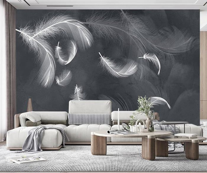 Papier Peint Panoramique Blanc plume noir Papier Peint 3D Tapisserie ...