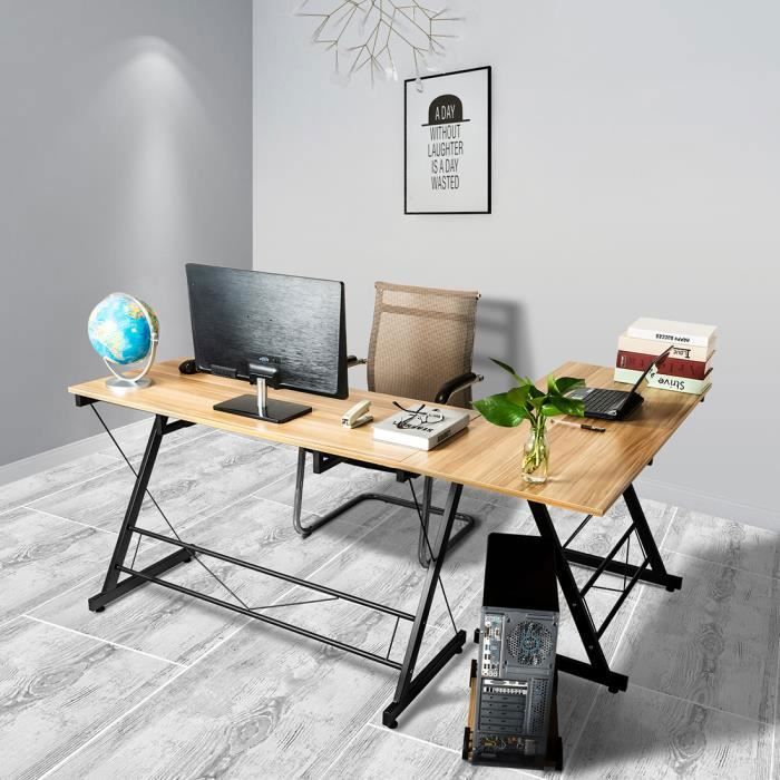 HLC Bureau D’Angle Informatique 161x120x73cm - Table Ordinateur Naturelle Avec Espace Rangement, Design Réversible