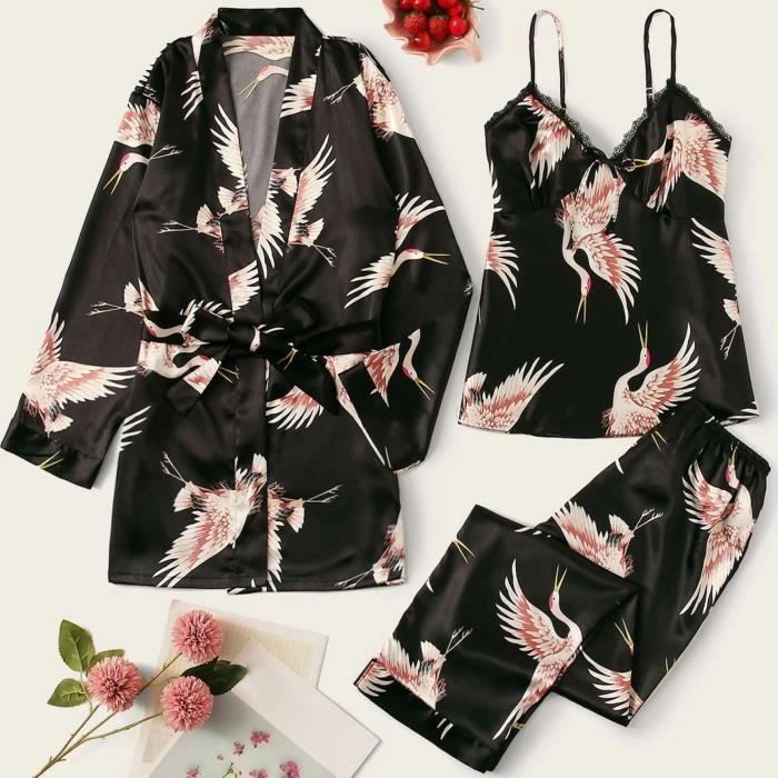 Sasaquoy Pyjama Chemise De Nuit Satin Soie Pyjamas Femmes Lingerie Robes Sous Vetements Vetements Sexy6 Noir Noir Cdiscount Pret a Porter