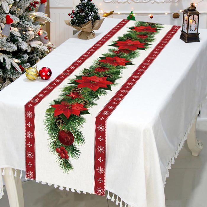 Chemin De Table Noël 180x40cm Blanc Poinsettia Cloches Dorées - Tissu Satin Anti-Tache Pour Fêtes