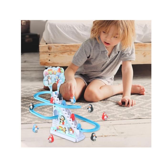 Jouet de Piste de Course Pingouin – Ensemble de Jeu pour escaliers électriques, Toboggan aux Couleurs Vives, Jeu de Montagnes Russes, Jouet interactif avec Musique Lumineuse