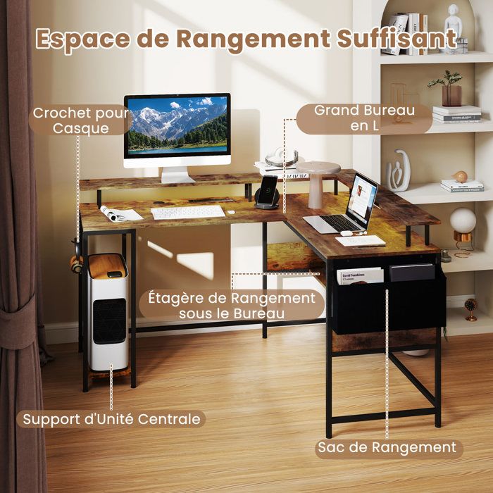 Bureau Gaming en Forme de L Blanc - Étagères Rangement - Port de Charge USB - Prise de Courant