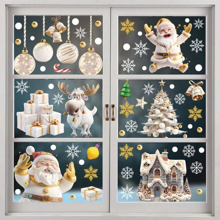 Autocollants Électrostatiques Noël Pour Fenêtre - 9 Feuilles Avec Motifs Blanc/Doré (116 Pièces) | Réutilisables, Sans Trace