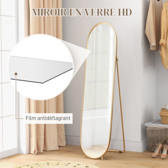Miroir Sur Pied HOMCOM 148.5 X 40 Cm - Cadre Métal Noir, étagère Et Crochets Intégrés, Film De Sécurité Anti-éclats - 2