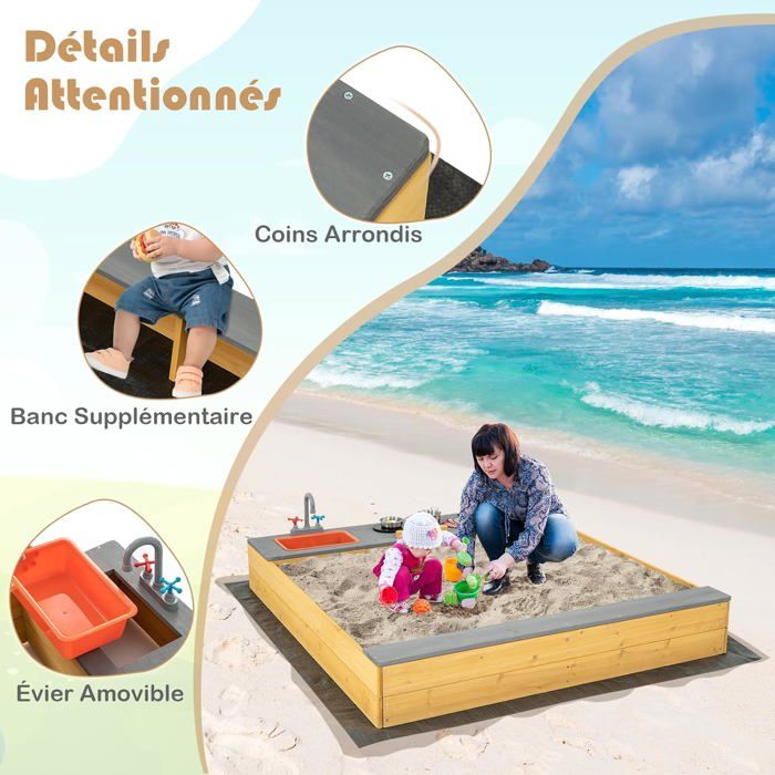 GOPLUS Bac à Sable Extérieur En Bois – Avec Bancs Convertibles En Couvercle, Auvent Réglable Hauteur Et Inclinaison – Sapin Massif, Dès 3 Ans
