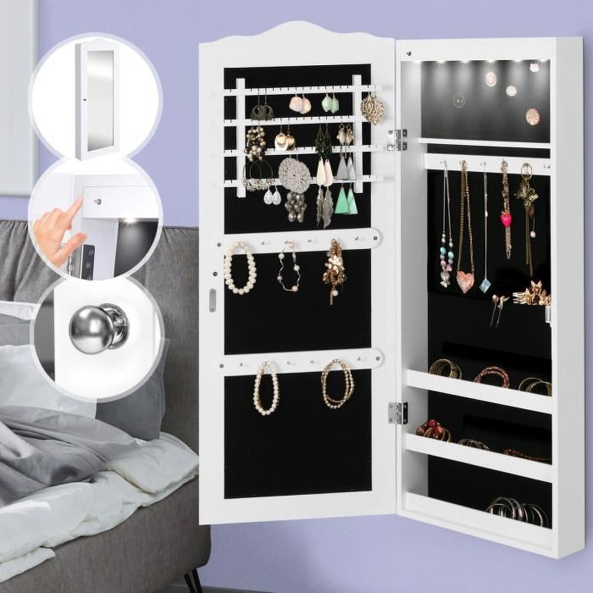 Armoire à Bijoux avec Miroir Murale ou Accrochée à la Porte, Style Vintage, Blanc avec LED