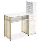 M MCombo 2420WG Bureau avec 3 tiroirs, table de manucure, en bois, structure métallique, blanc-or, moderne