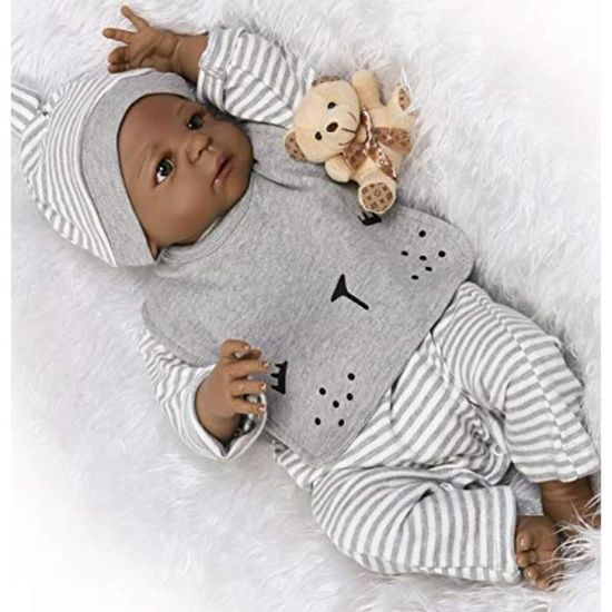 Poupée Reborn réaliste noire – Corps doux et boucles pour bébé de 43,2 cm – Poupée réaliste pour nouveau-né afro-américain avec kit d'alimentation et coffret cadeau pour enfants