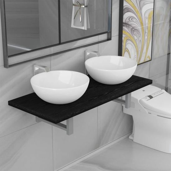 CHEZZOE Ensemble Meuble de salle de bain double vasque + étagère Contemporain - 3 pcs SALLE DE BAIN COMPLETE Céramique Noir ☺42037