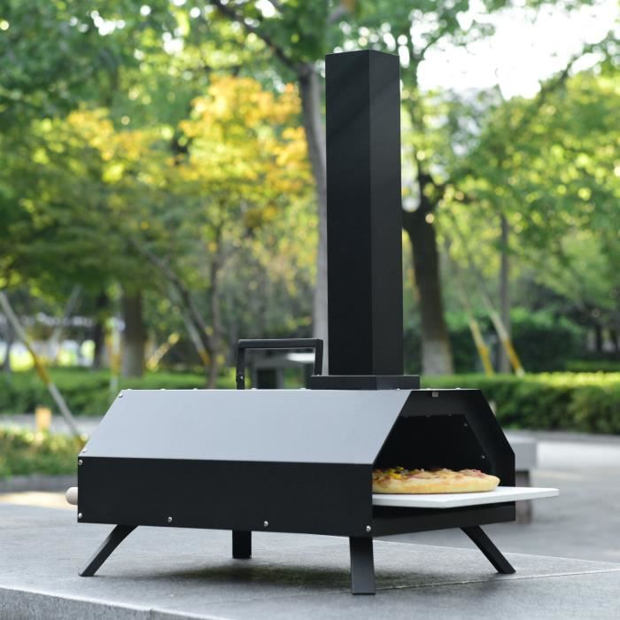 Four à Pizza Jardin Machine Pizza aux Granulés de Bois Pieds Pliables + Pierre Réfractaire + Poignée, 33x46x66cm, Noir