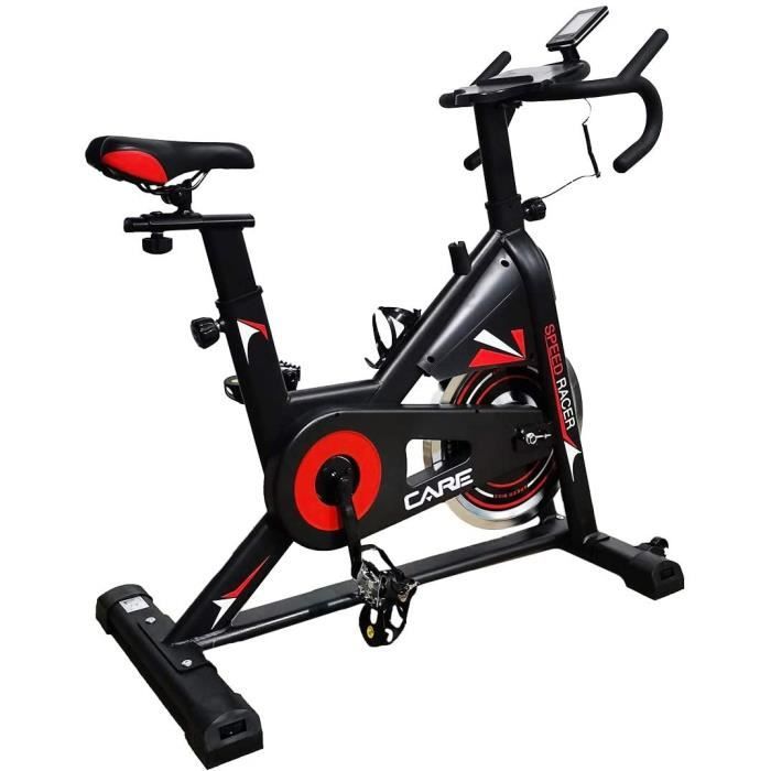 CARE FITNESS - Vélo d’Appartement Spin-Bike Speed Racer - 6 Fonctions - Masse d’Inertie 12 kg - Freinage par Patins - Vélo de Biking