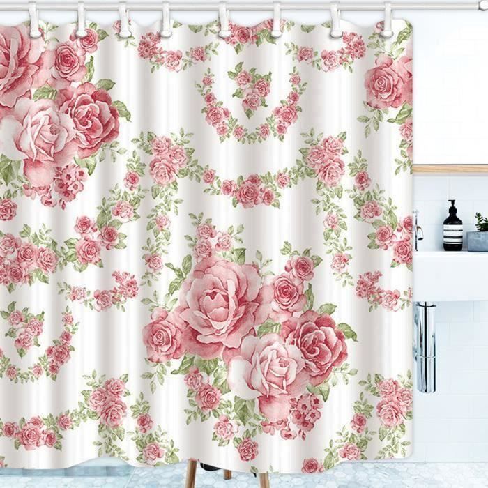 Rideau de Douche Imperméable Anti-moisissure 180X180cm + 12 Anneaux de Rideaux Roses Fleur Sh07582