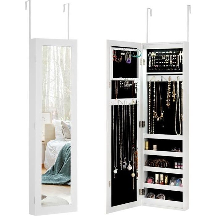 COSTWAY Armoire à Bijoux Murale avec Lumières LED et  Miroir de Multi-Rangements pour Présentoir de Bracelets,Collier ... Blanc