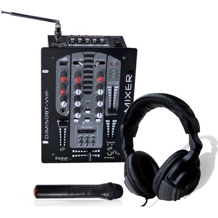 Casque DJ + Table de mixage 2 voies - 5 Canaux Micro VHF USB-BLUETOOTH - Ibiza Sound DJM150BT-VHF