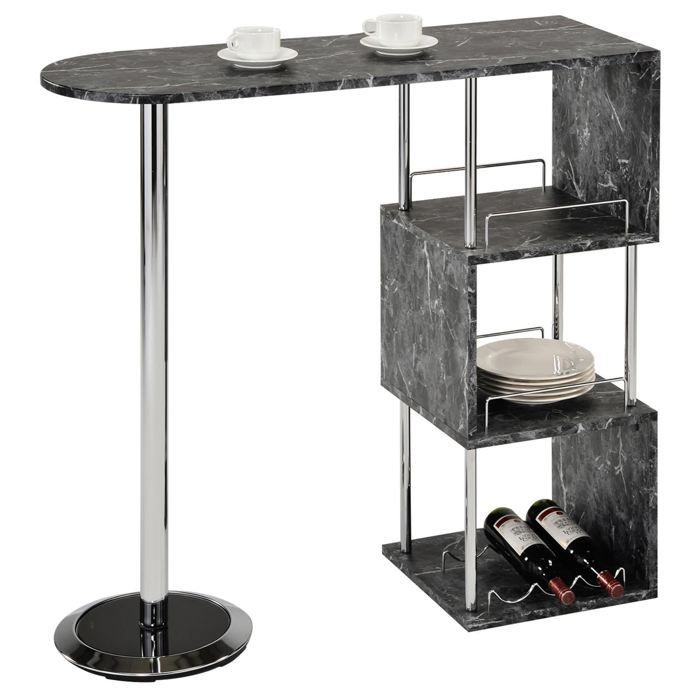 Table haute de bar VIGANDO mange-debout comptoir 3 étagères dont 1 porte-bouteilles, métal chromé et plateau MDF décor marbre noir