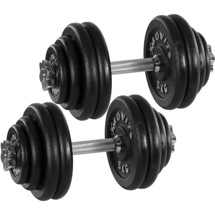 MOVIT 2 x Haltères courts de 30 kg en fonte (poids 8x5kg + 4x2,5kg + 4x1,25kg)